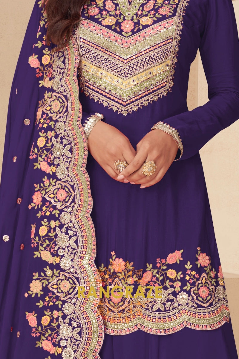 Royal Amethyst Real Chinon Designer Sharara Suit Set