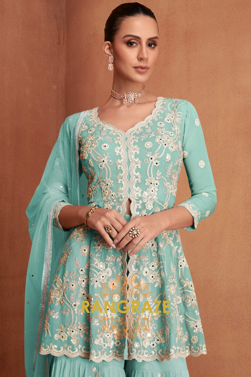 Mint Green Pure Premium Georgette Embroidered Sharara Suit with Dupatta