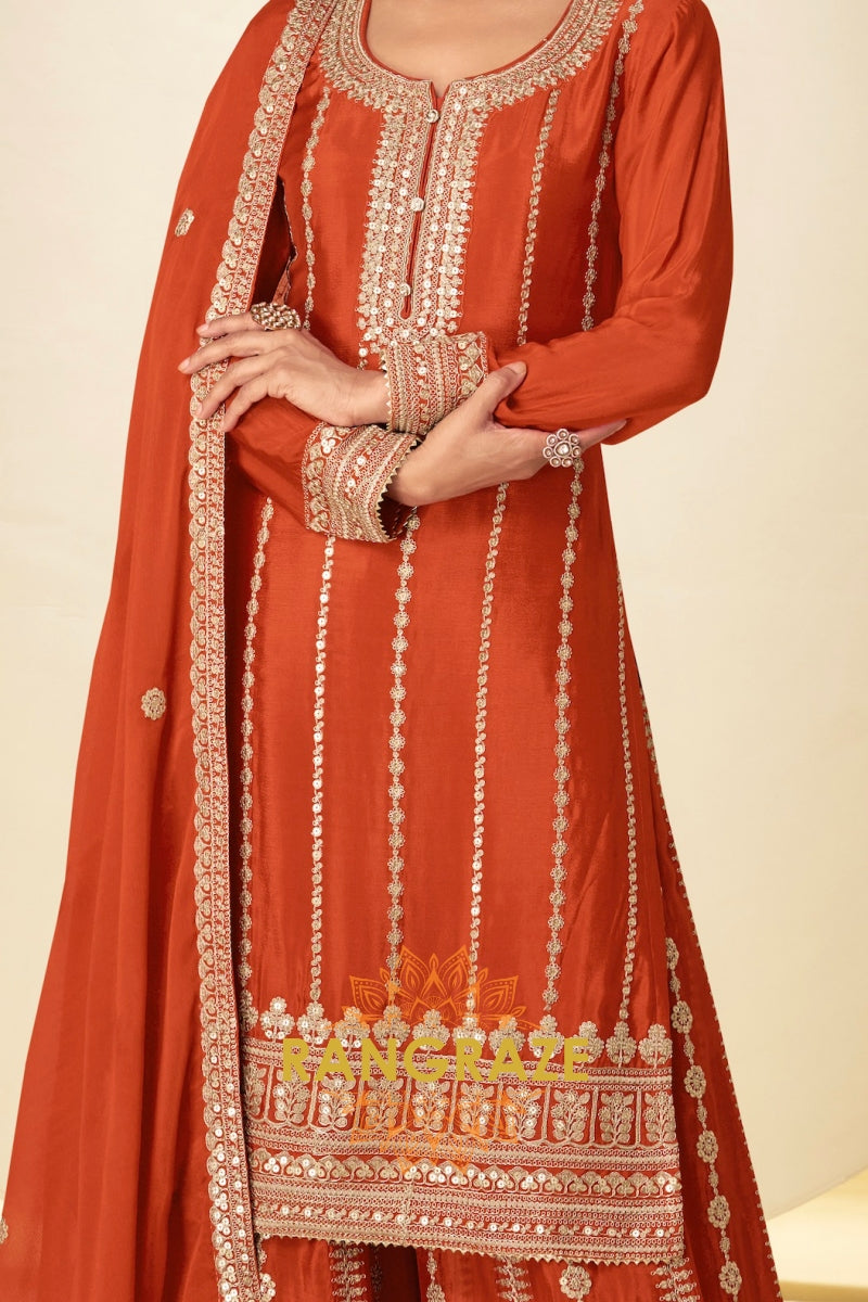 Rust Orange Embroidered Premium Chinon Palazzo Suit Set