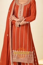 Rust Orange Embroidered Premium Chinon Palazzo Suit Set