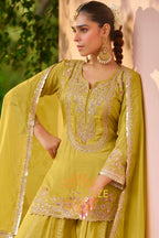 Pistachio Green Embroidered Premium chinon Sharara Suit Set