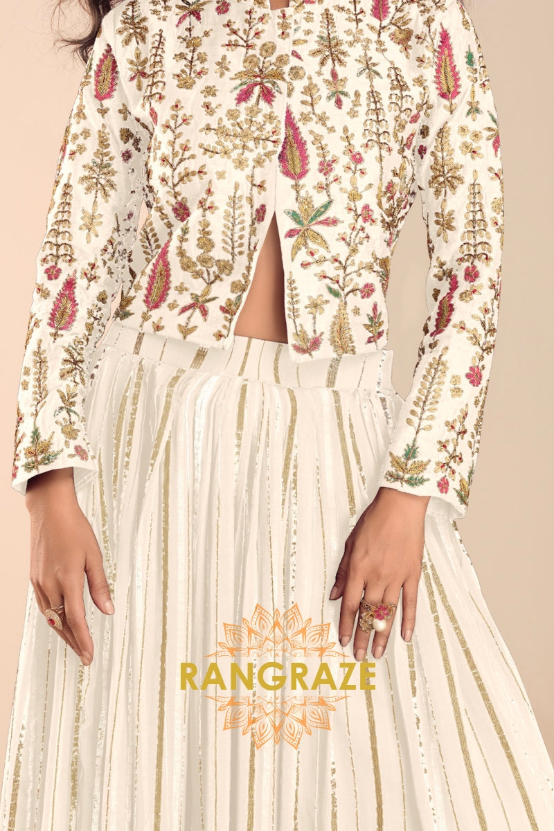 Ivory Embroidered Premium Viscose Silk Lehenga Jacket Suit Set with Can-Can