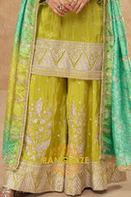 Lime Zest Premium Shimmer Silk Embroidered Sharara Suit Set