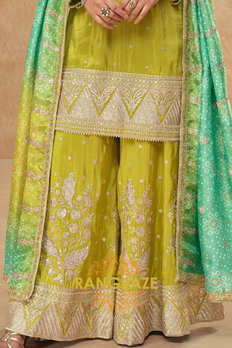 Lime Zest Premium Shimmer Silk Embroidered Sharara Suit Set