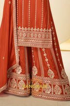 Rust Orange Embroidered Premium Chinon Palazzo Suit Set