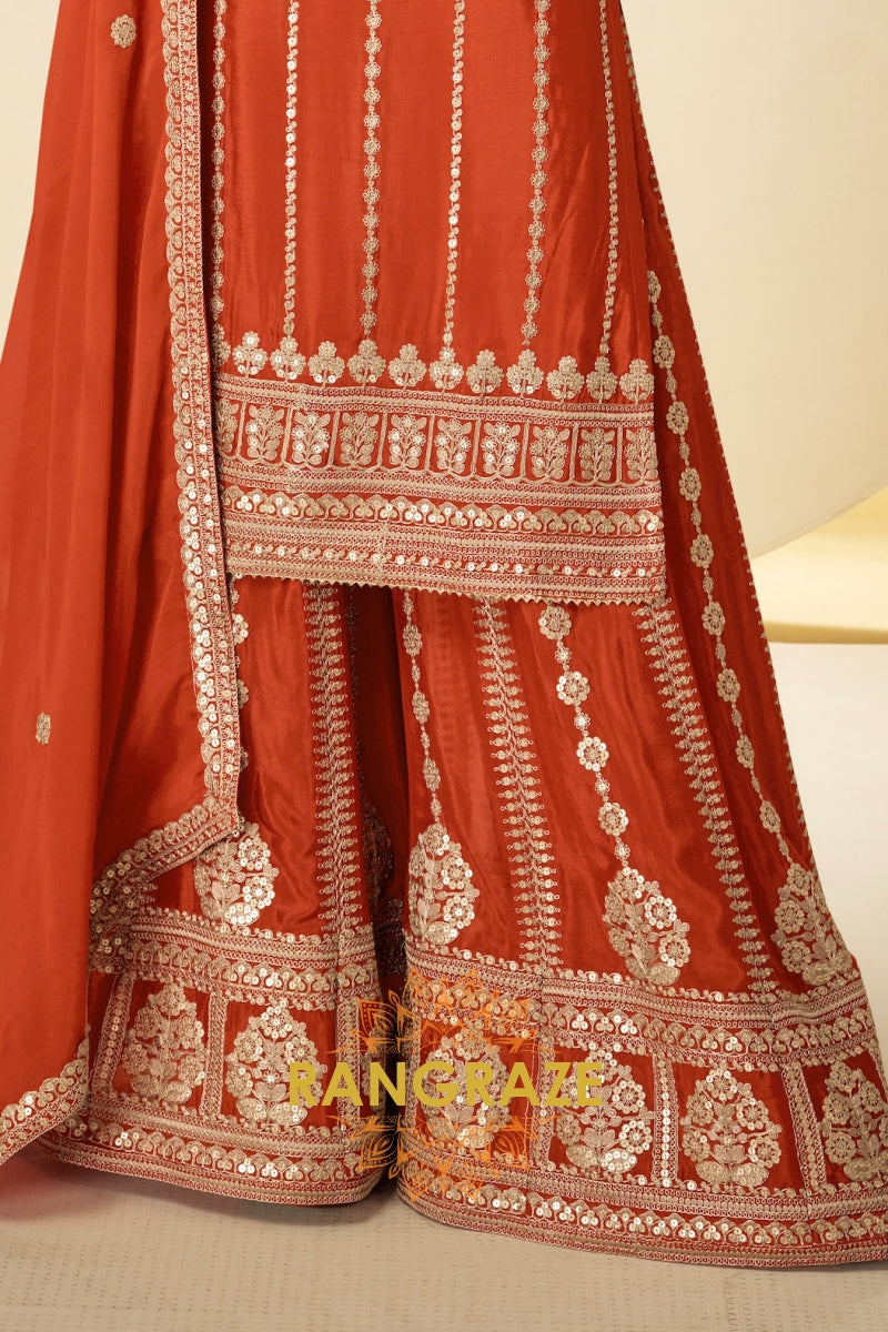 Rust Orange Embroidered Premium Chinon Palazzo Suit Set