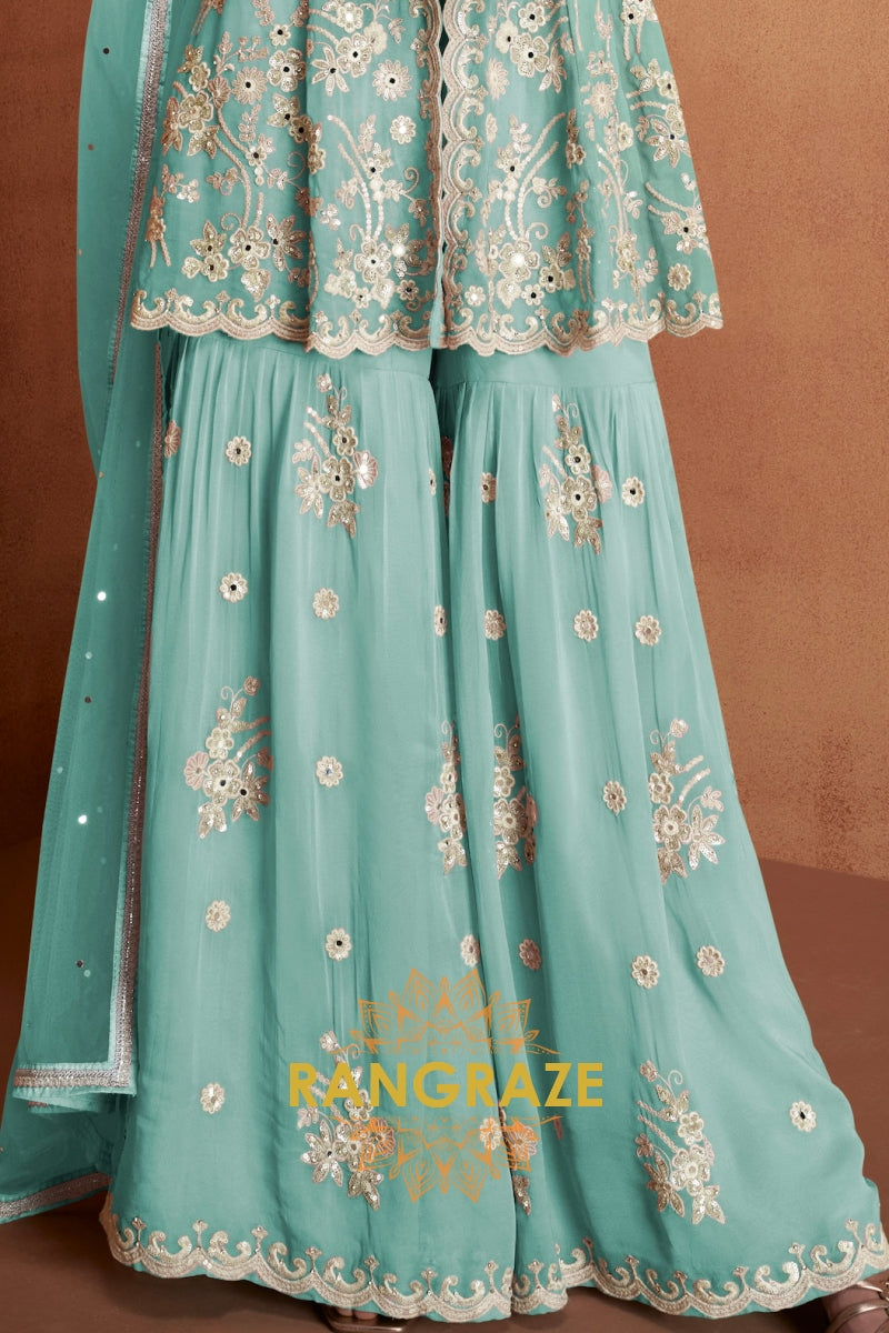 Mint Green Pure Premium Georgette Embroidered Sharara Suit with Dupatta