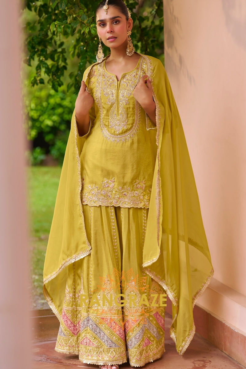 Pistachio Green Embroidered Premium chinon Sharara Suit Set