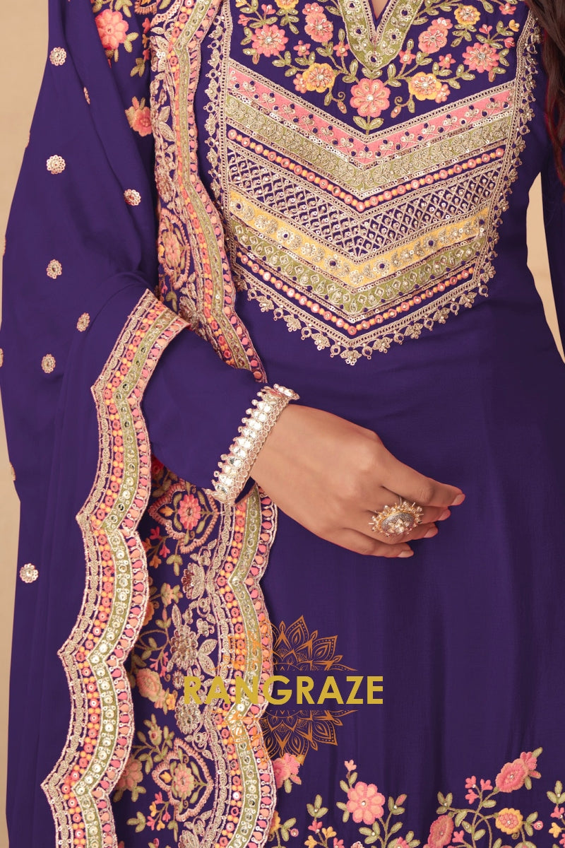 Royal Amethyst Real Chinon Designer Sharara Suit Set