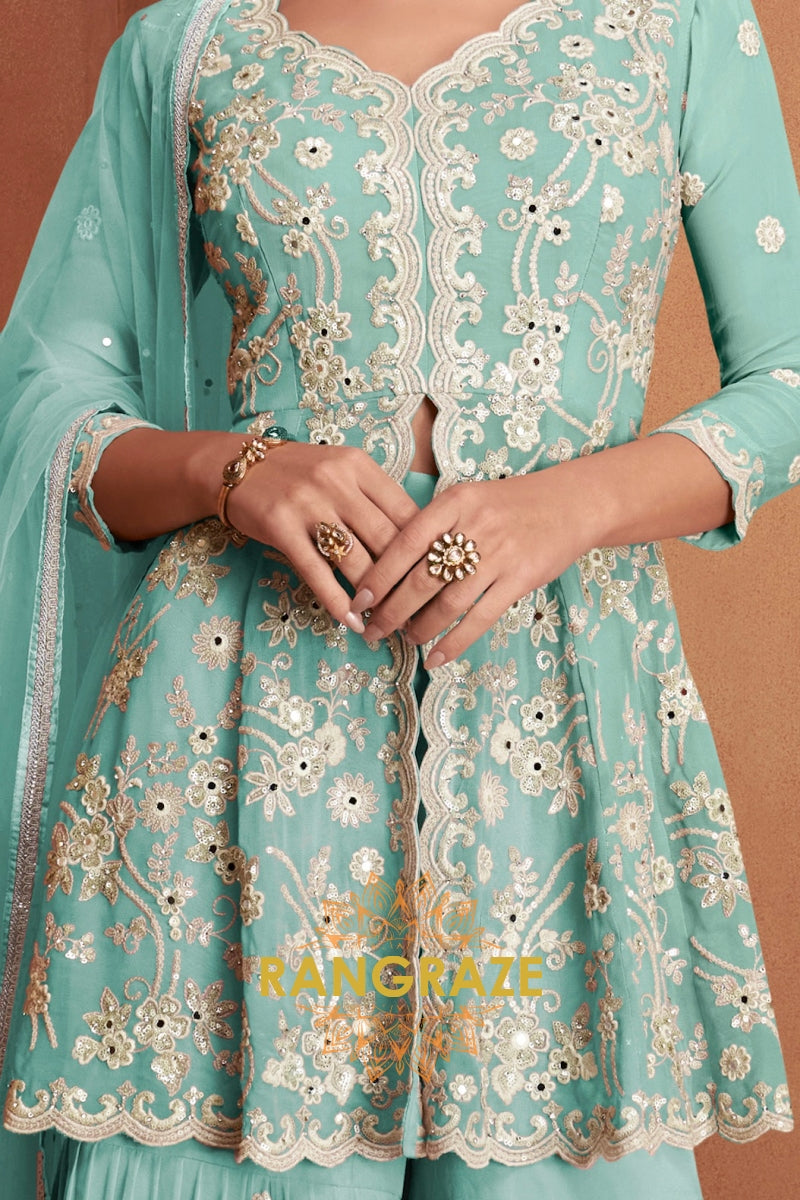 Mint Green Pure Premium Georgette Embroidered Sharara Suit with Dupatta