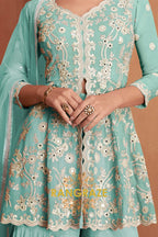 Mint Green Pure Premium Georgette Embroidered Sharara Suit with Dupatta
