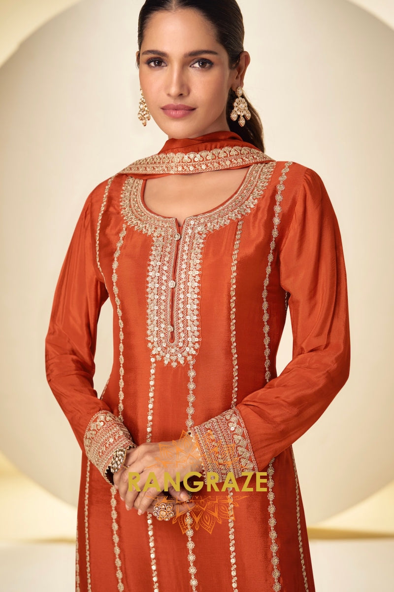 Rust Orange Embroidered Premium Chinon Palazzo Suit Set