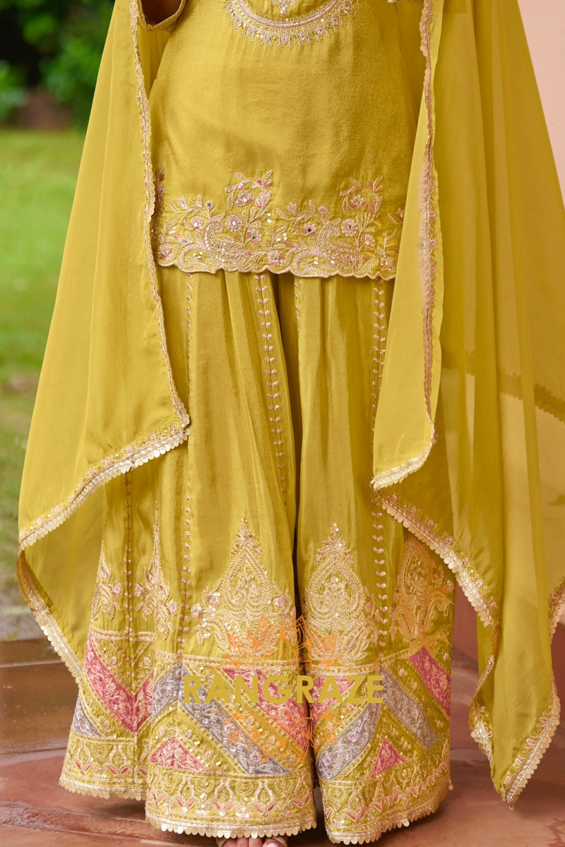 Pistachio Green Embroidered Premium chinon Sharara Suit Set