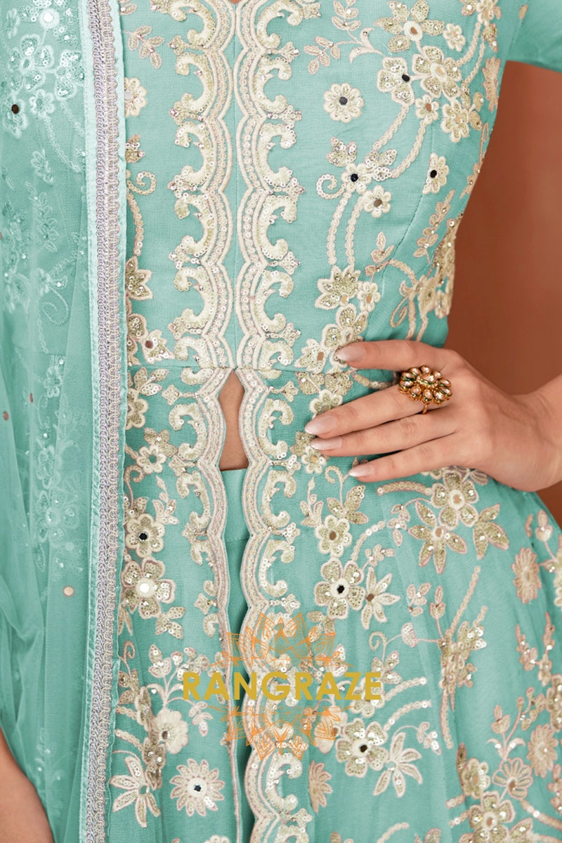 Mint Green Pure Premium Georgette Embroidered Sharara Suit with Dupatta