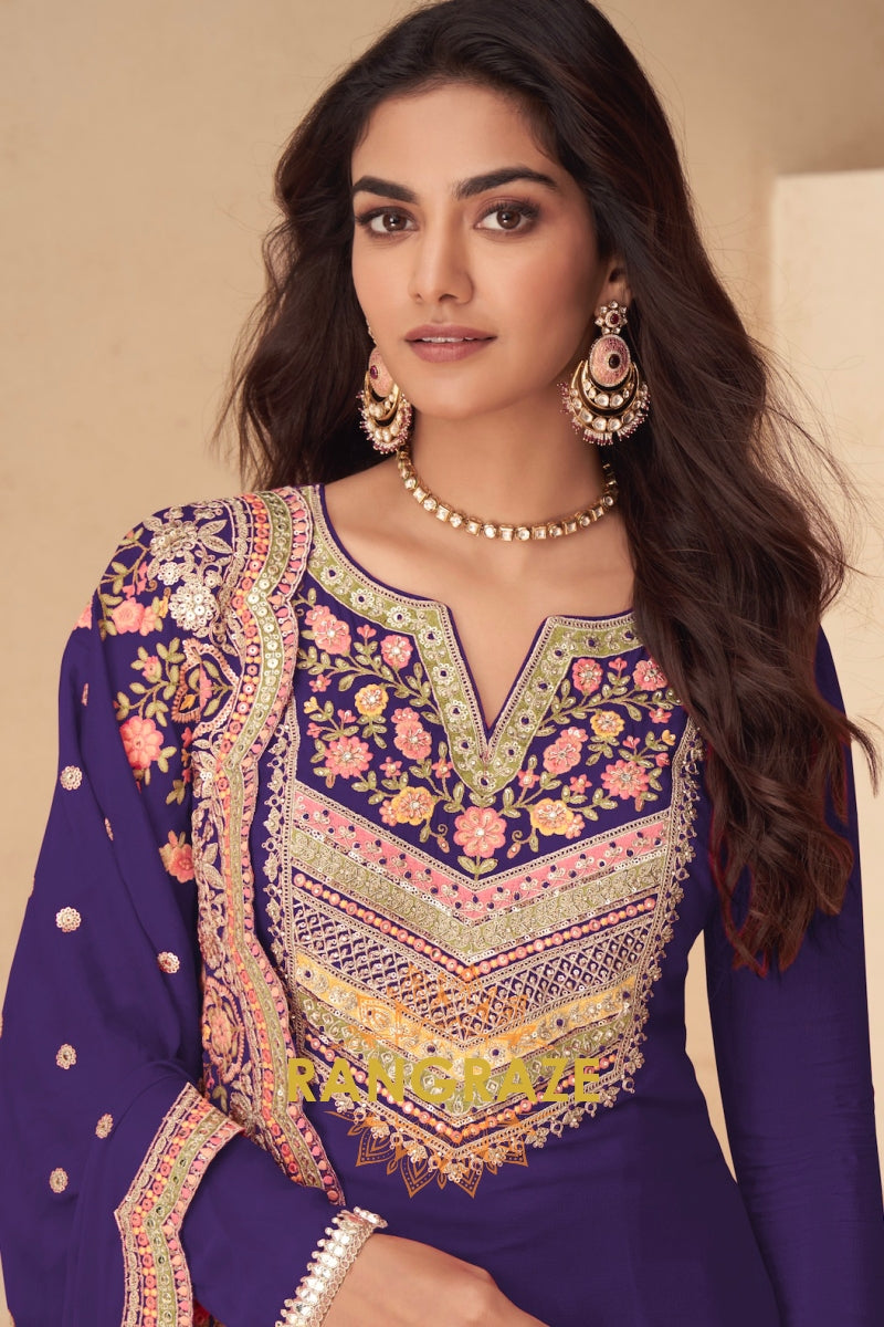 Royal Amethyst Real Chinon Designer Sharara Suit Set