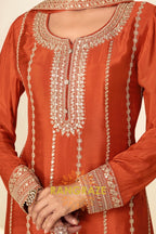 Rust Orange Embroidered Premium Chinon Palazzo Suit Set