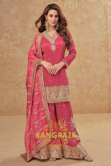 Rose Glow Premium Shimmer Silk Embroidered Sharara Suit Set