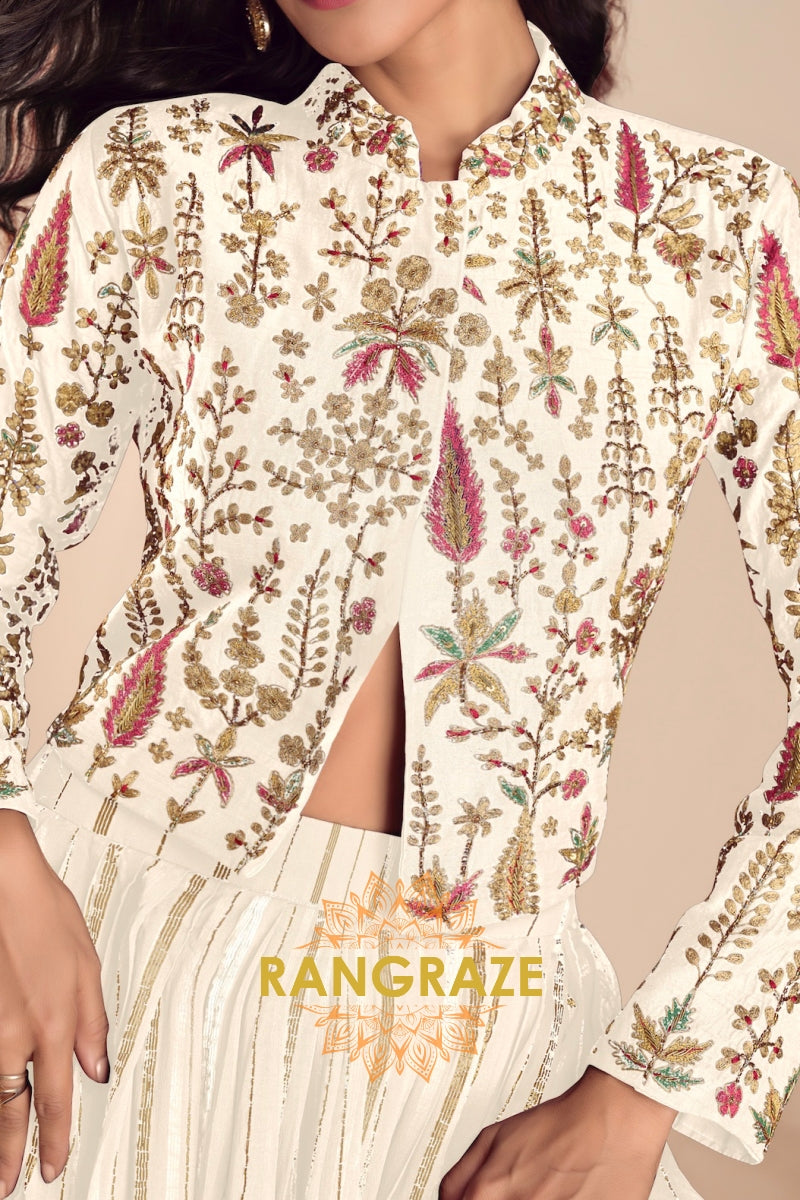 Ivory Embroidered Premium Viscose Silk Lehenga Jacket Suit Set with Can-Can