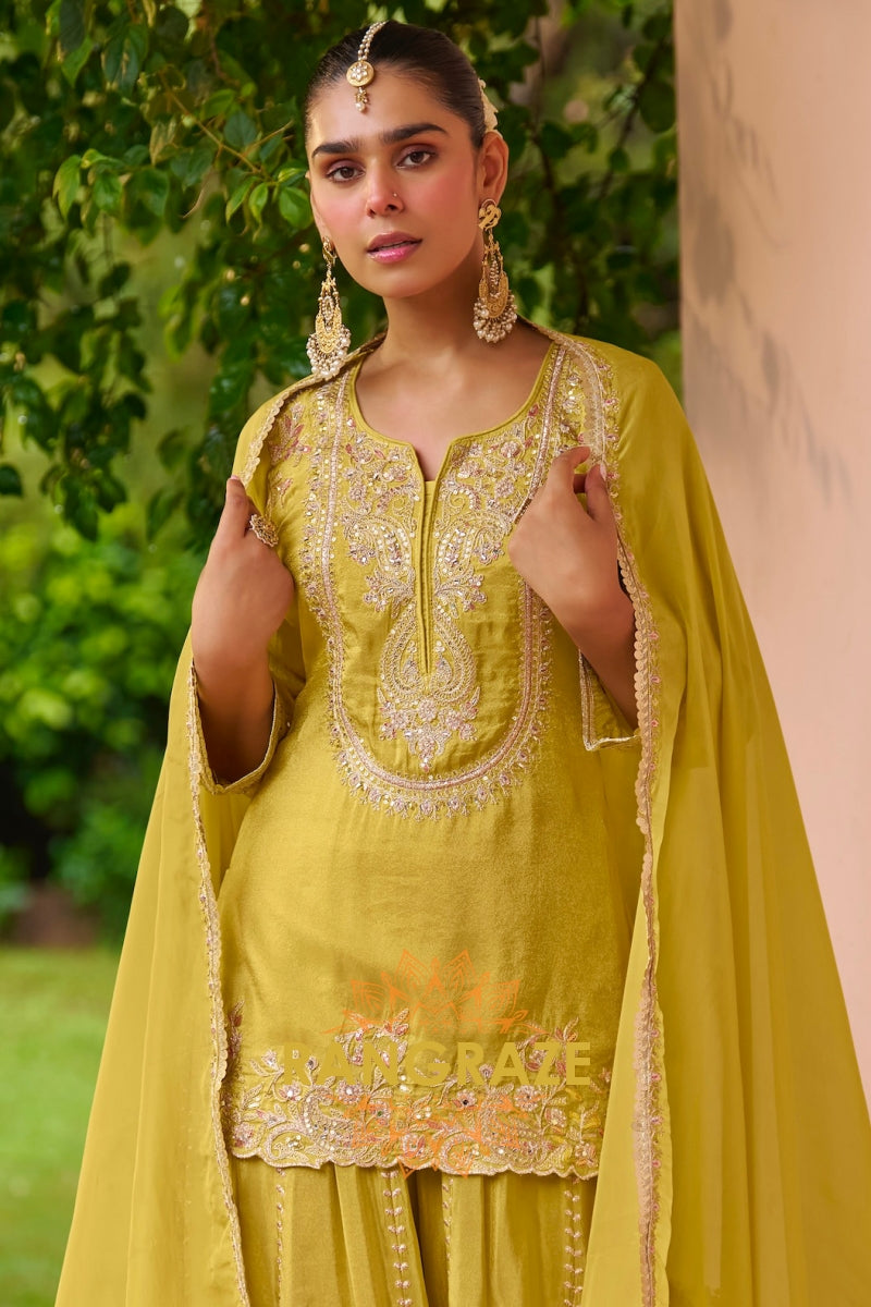 Pistachio Green Embroidered Premium chinon Sharara Suit Set