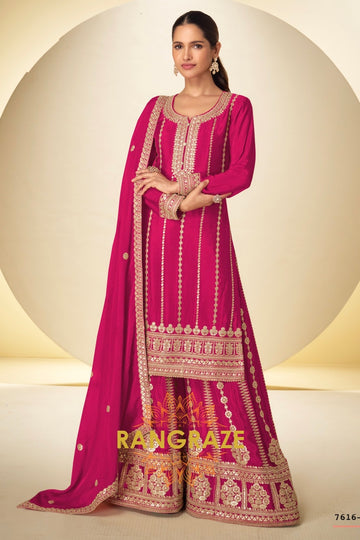 Fuchsia Pink Embroidered Premium Chinon Palazzo Suit Set