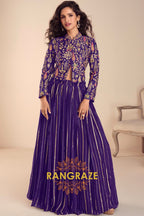 Royal Purple Embroidered Premium Viscose Silk Lehenga Jacket Suit Set with Can-Can