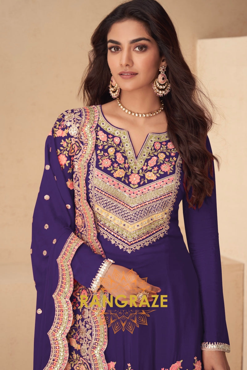 Royal Amethyst Real Chinon Designer Sharara Suit Set