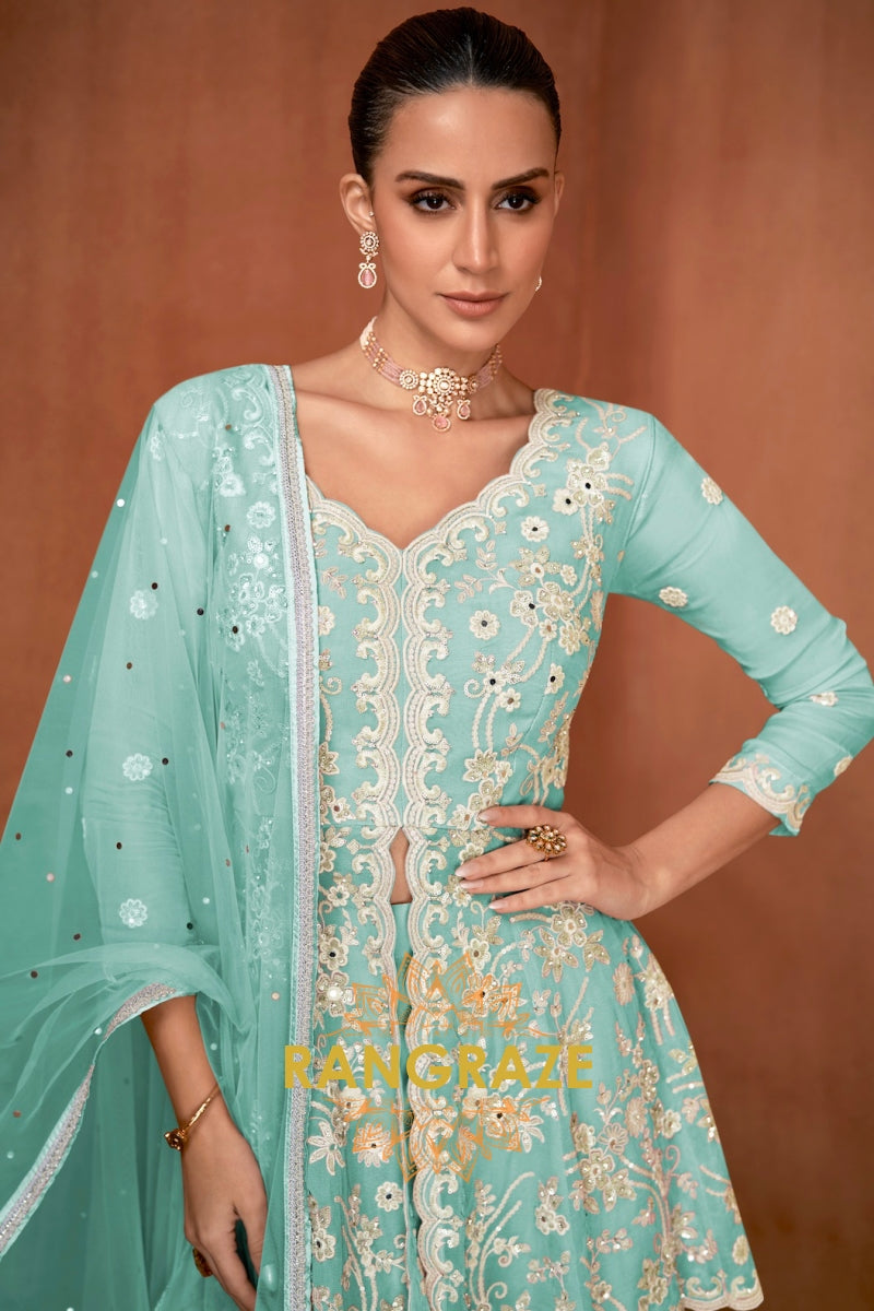 Mint Green Pure Premium Georgette Embroidered Sharara Suit with Dupatta
