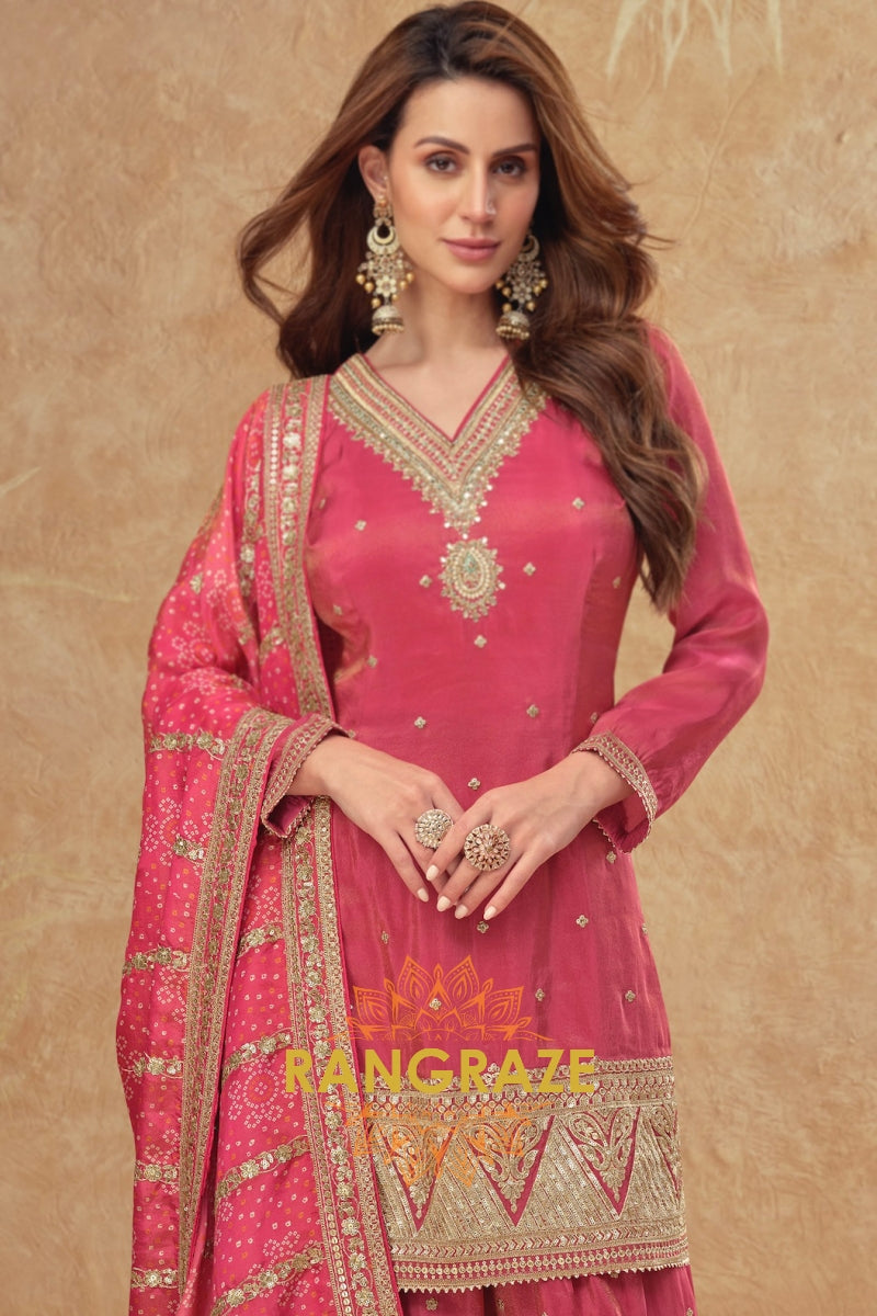 Rose Glow Premium Shimmer Silk Embroidered Sharara Suit Set