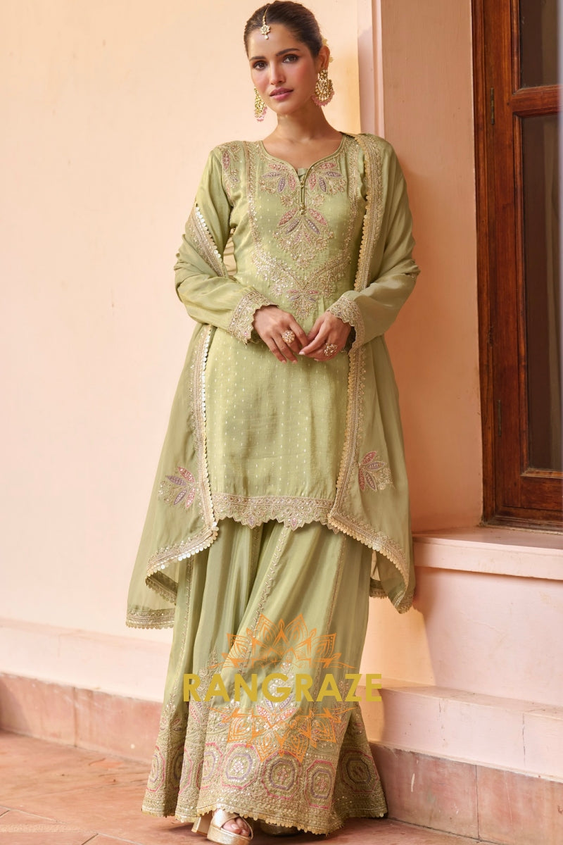 Sage Green Embroidered Premium chinon Sharara Suit Set