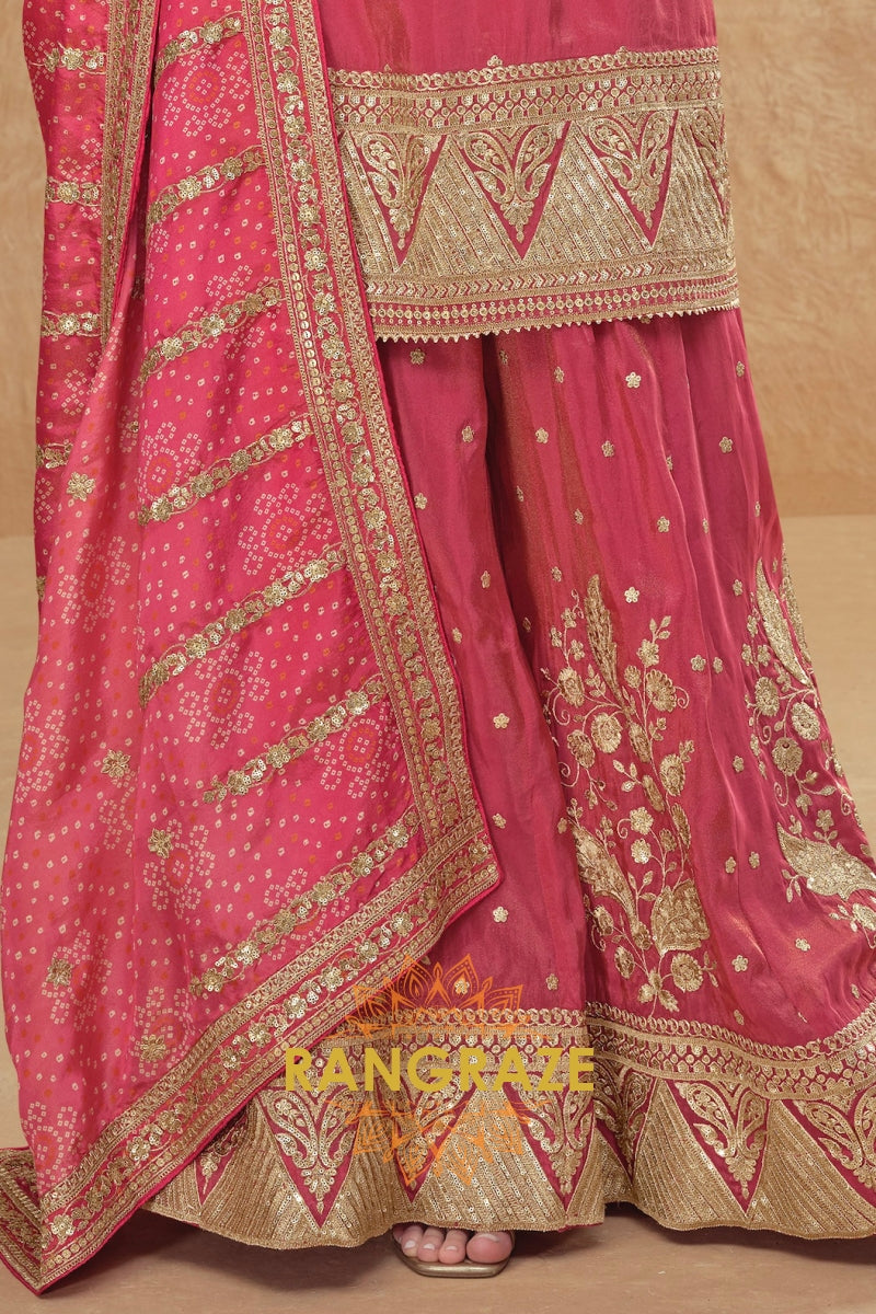 Rose Glow Premium Shimmer Silk Embroidered Sharara Suit Set