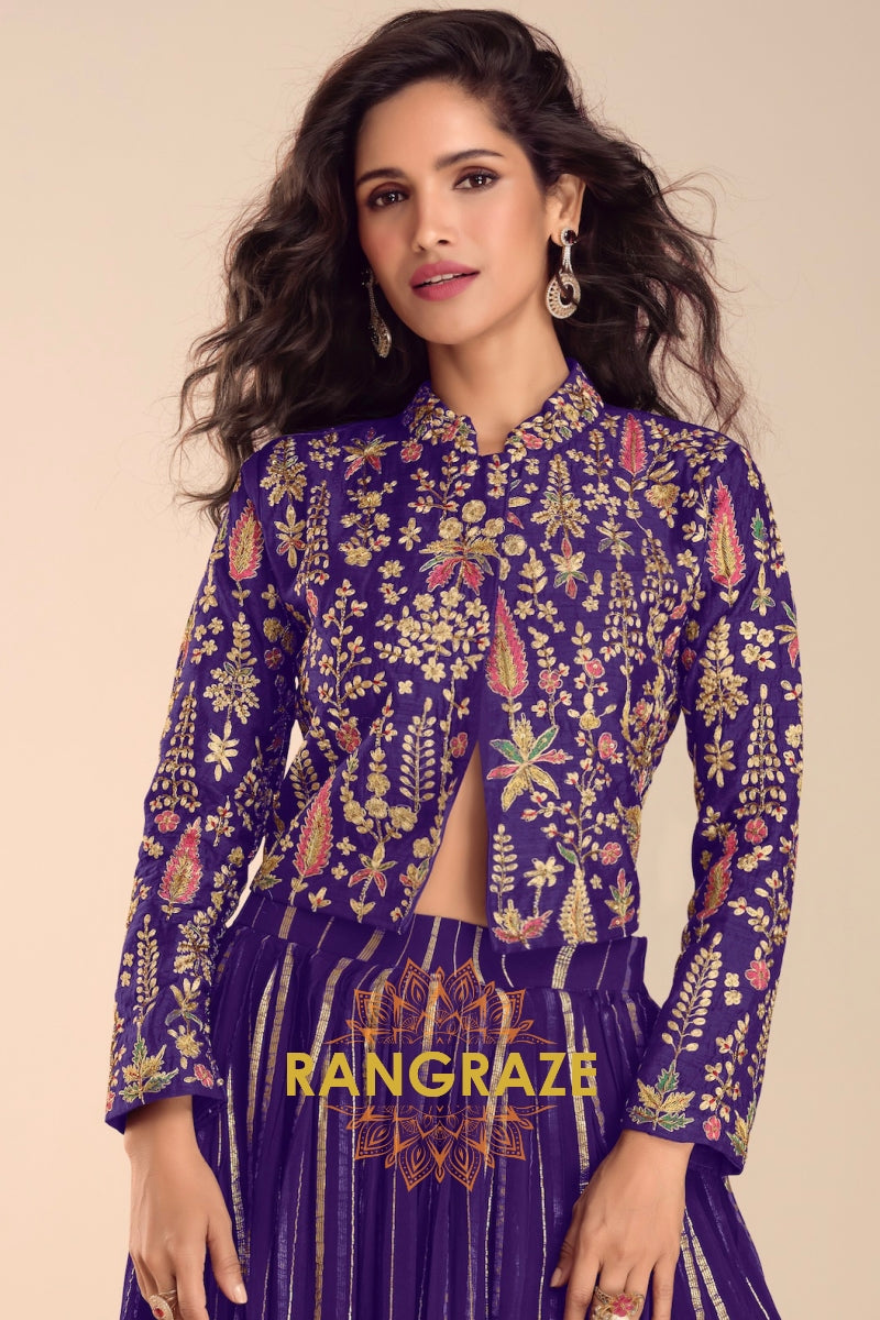 Royal Purple Embroidered Premium Viscose Silk Lehenga Jacket Suit Set with Can-Can
