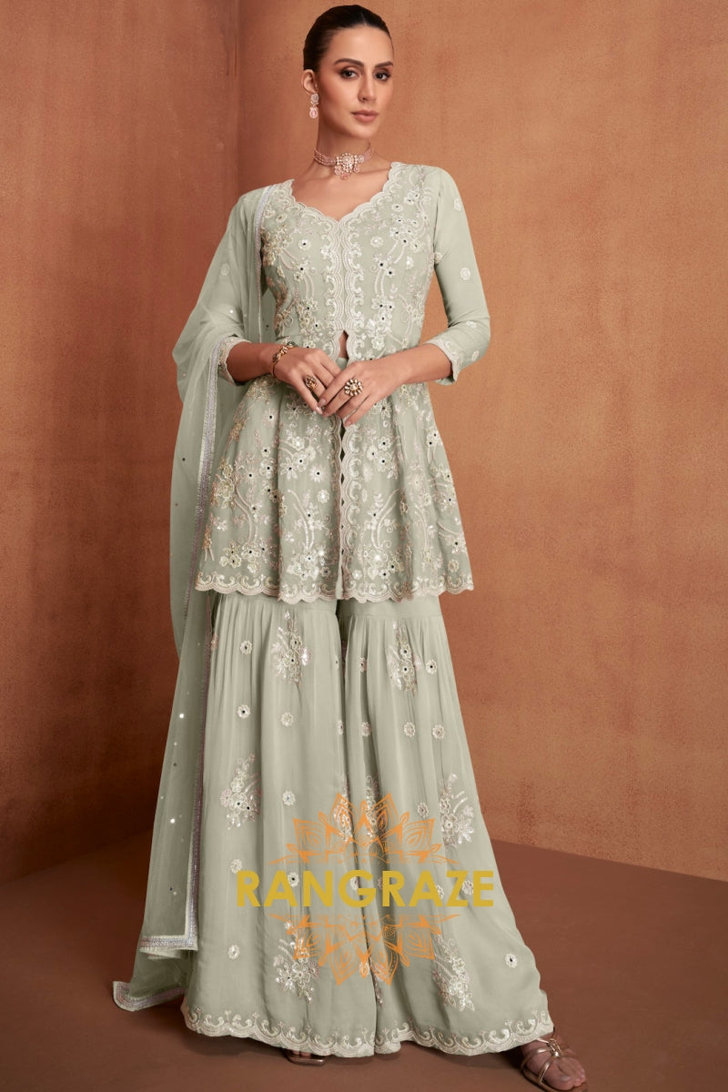 Sage Green Pure Premium Georgette Embroidered Sharara Suit with Dupatta