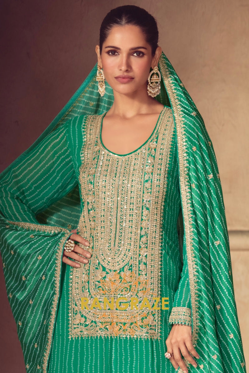 Emerald Regalia Premium Chinon Embroidered Suit Set