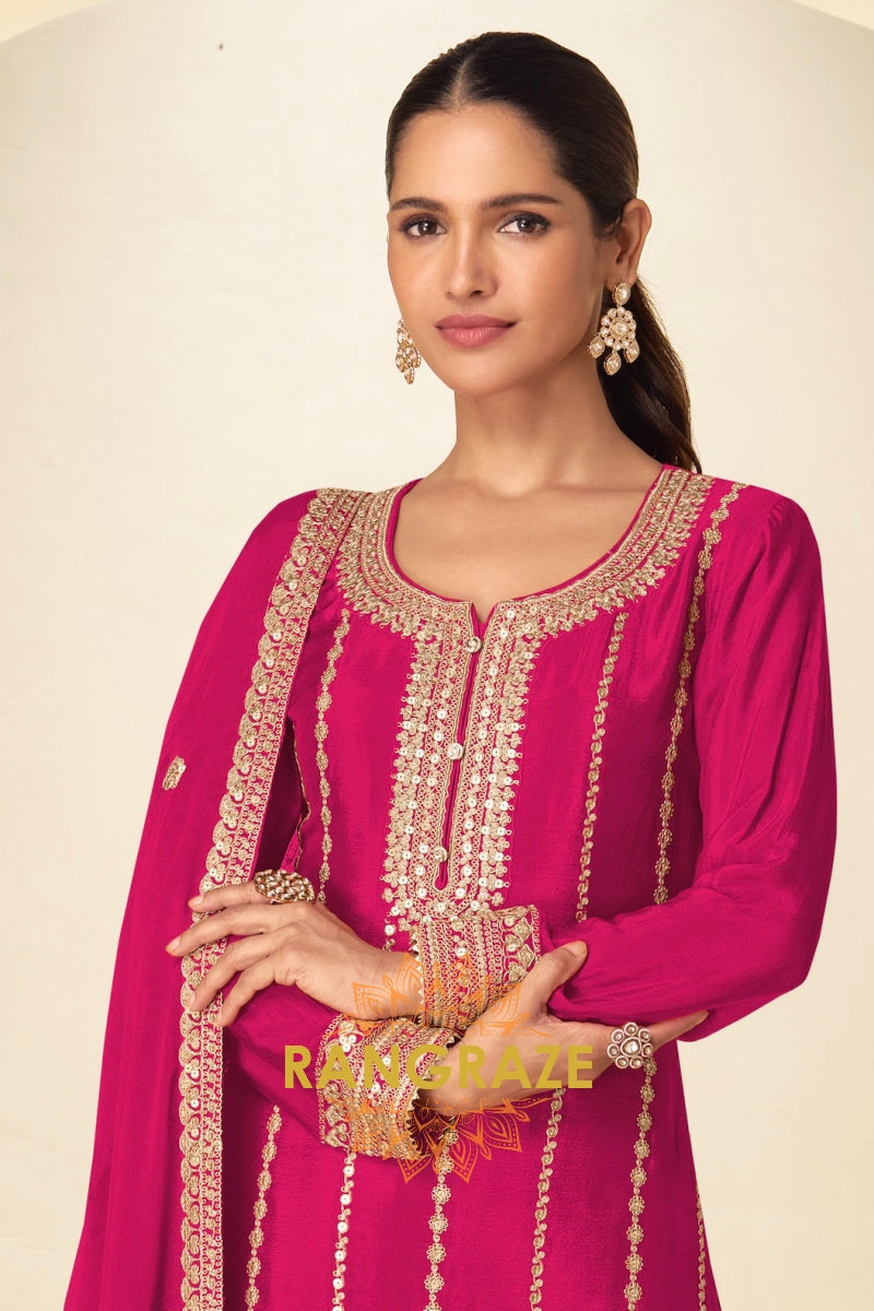 Fuchsia Pink Embroidered Premium Chinon Palazzo Suit Set