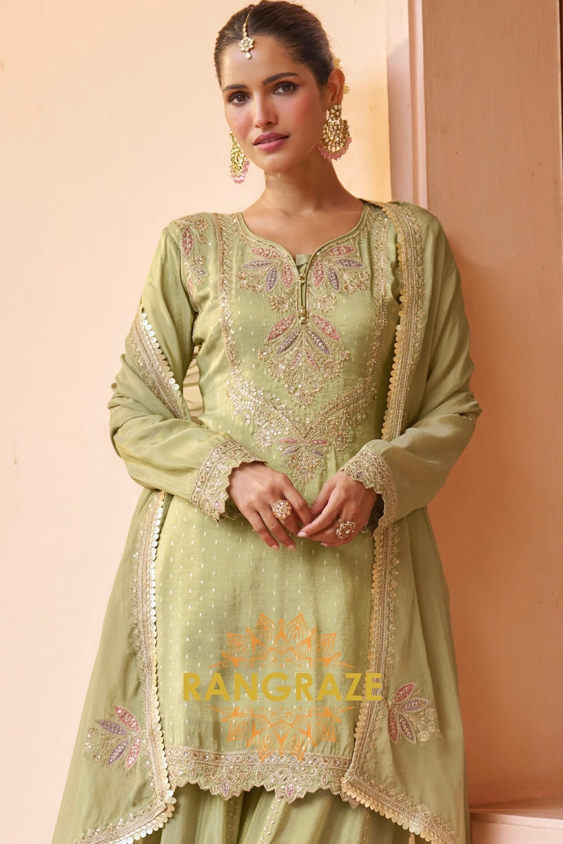 Sage Green Embroidered Premium chinon Sharara Suit Set