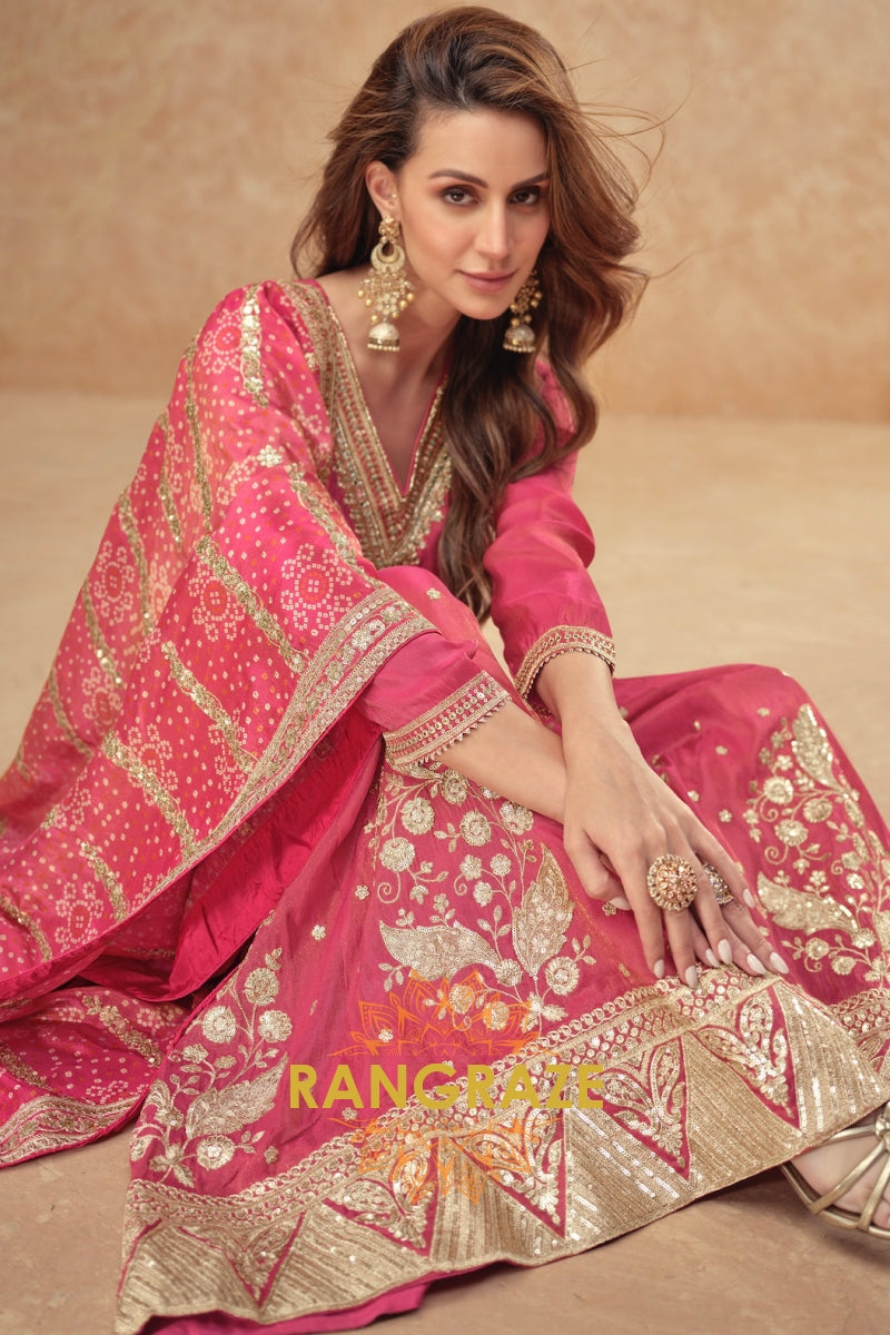 Rose Glow Premium Shimmer Silk Embroidered Sharara Suit Set