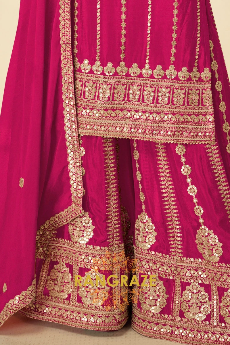 Fuchsia Pink Embroidered Premium Chinon Palazzo Suit Set
