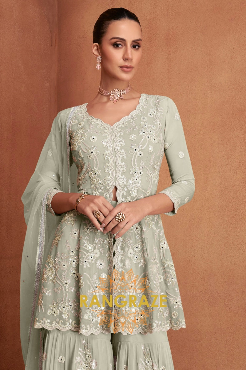 Sage Green Pure Premium Georgette Embroidered Sharara Suit with Dupatta