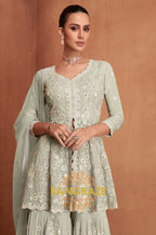 Sage Green Pure Premium Georgette Embroidered Sharara Suit with Dupatta