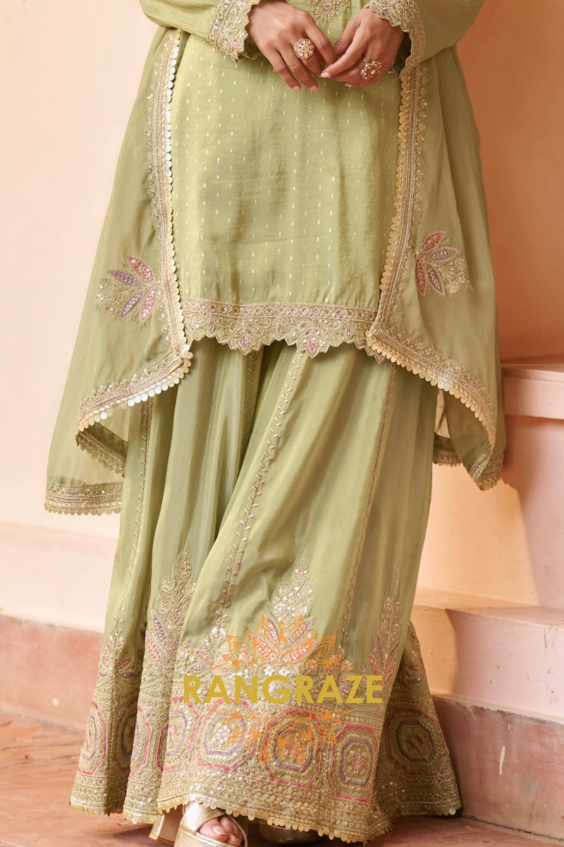 Sage Green Embroidered Premium chinon Sharara Suit Set