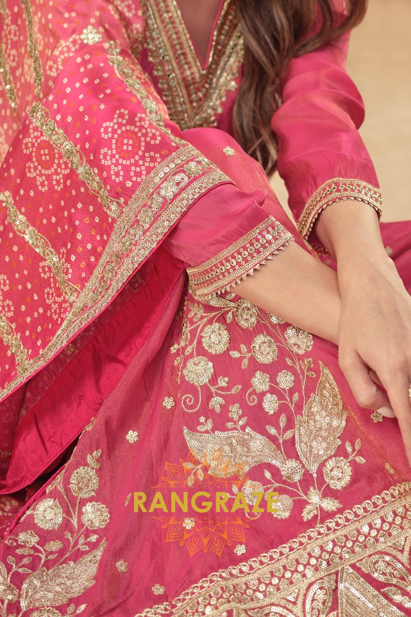 Rose Glow Premium Shimmer Silk Embroidered Sharara Suit Set