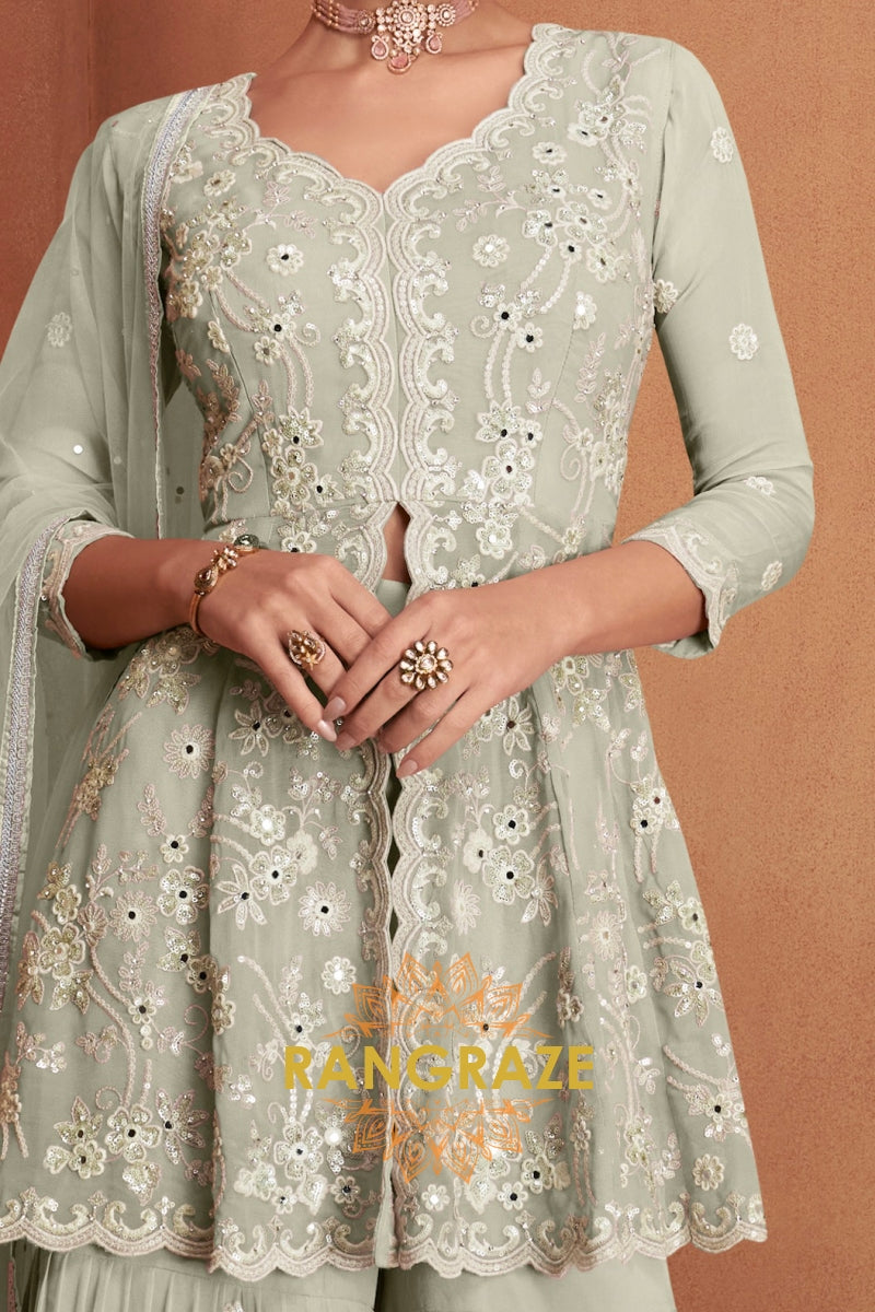 Sage Green Pure Premium Georgette Embroidered Sharara Suit with Dupatta