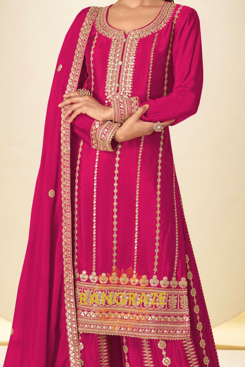 Fuchsia Pink Embroidered Premium Chinon Palazzo Suit Set