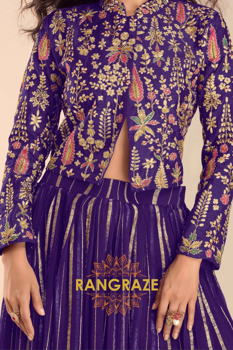 Royal Purple Embroidered Premium Viscose Silk Lehenga Jacket Suit Set with Can-Can
