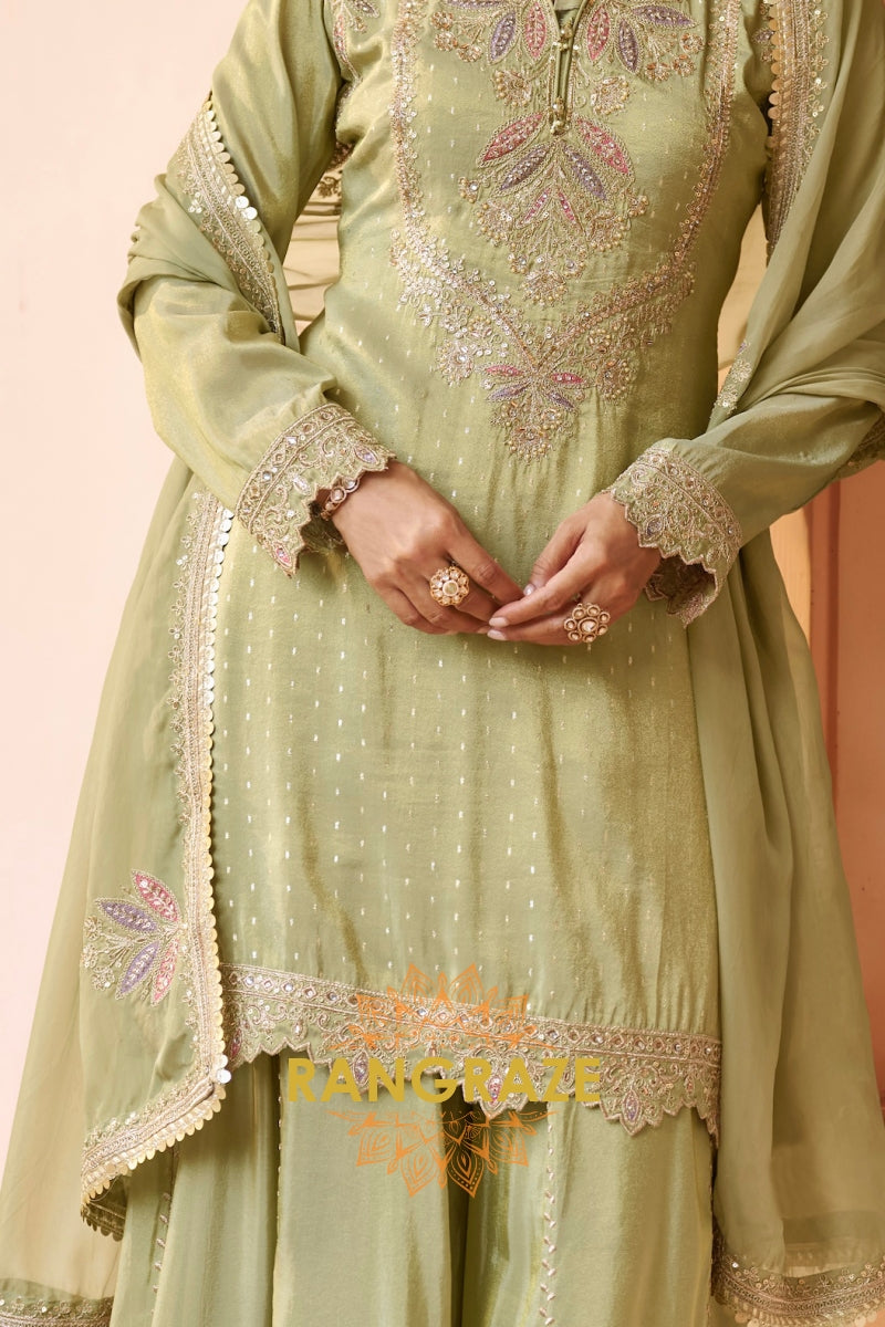 Sage Green Embroidered Premium chinon Sharara Suit Set