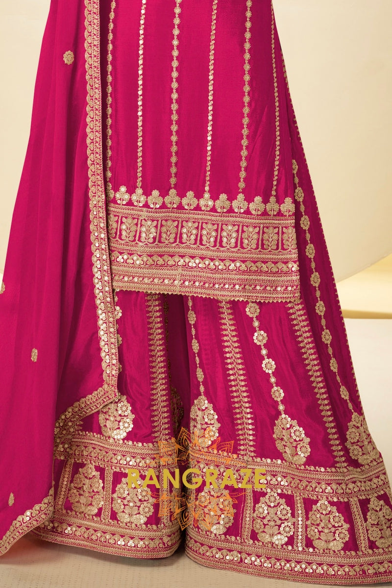 Fuchsia Pink Embroidered Premium Chinon Palazzo Suit Set