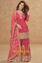 Rose Glow Premium Shimmer Silk Embroidered Sharara Suit Set