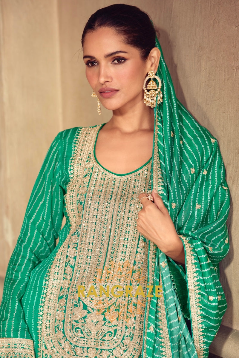Emerald Regalia Premium Chinon Embroidered Suit Set
