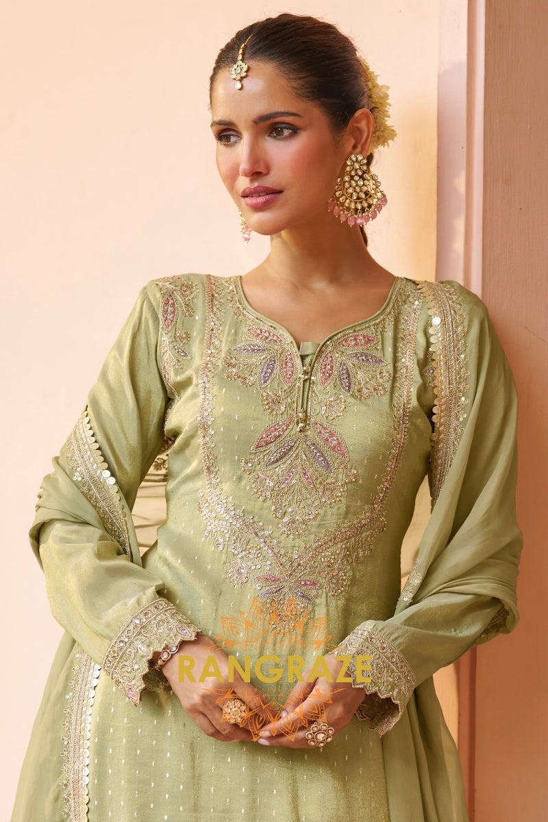 Sage Green Embroidered Premium chinon Sharara Suit Set