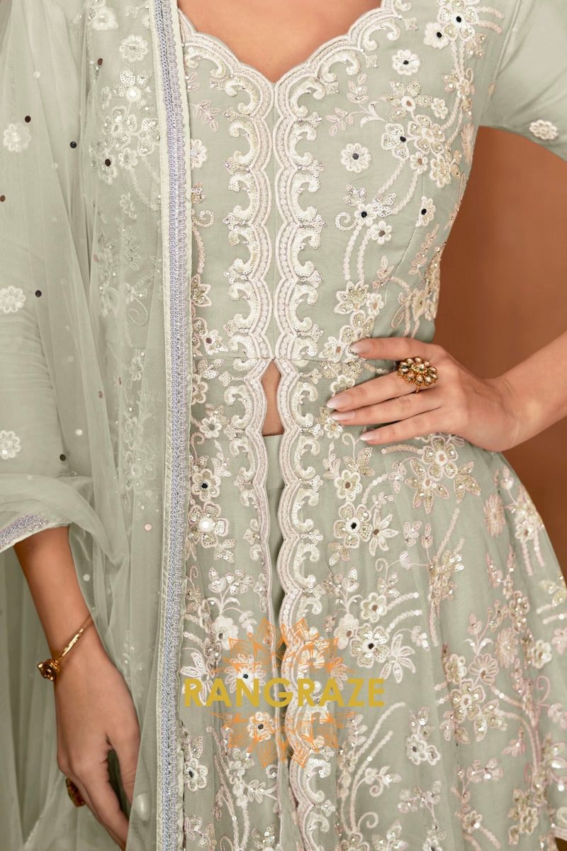 Sage Green Pure Premium Georgette Embroidered Sharara Suit with Dupatta